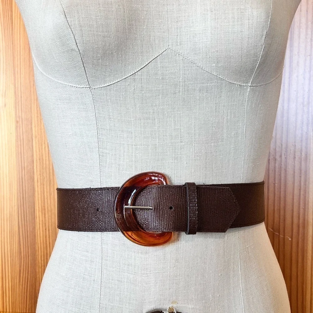 Wide Brown Vegan Belt Acrylic Tortoise Print Buckle Vintage Vegan Faux Leather